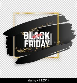 Gold square frame on transparent background. Black blots with shadow. Black friday banner Stock Vector
