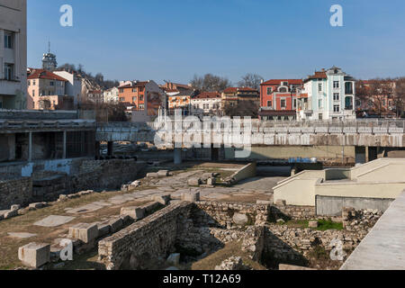 PLOVDIV, BULGARIA - FEBRUARY 10, 2019:  Panorama of Ruins of Roman Odeon in city of Plovdiv, Bulgaria Stock Photo