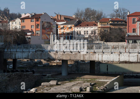 PLOVDIV, BULGARIA - FEBRUARY 10, 2019:  Panorama of Ruins of Roman Odeon in city of Plovdiv, Bulgaria Stock Photo