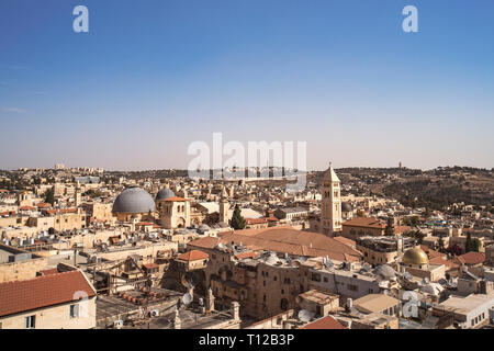 Israel landscape attractions. Jerusalem view of the old town and new city. View from the top of the tower of David. Ancient buildings, Christian, Jewi Stock Photo