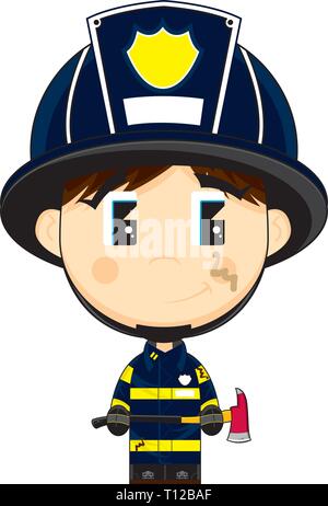 Cute Cartoon Big Head Firefighter with Axe Stock Vector