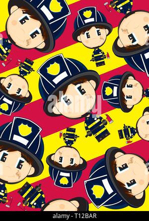 Cute Cartoon Big Head Firefighter with Axe Pattern Stock Vector