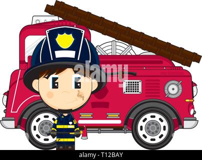 Cartoon Big Head Fireman with Axe an Fire Engine Stock Vector
