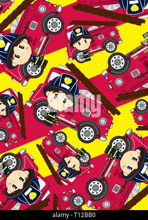 Cartoon Big Head Fireman with Axe an Fire Engine Pattern Stock Vector