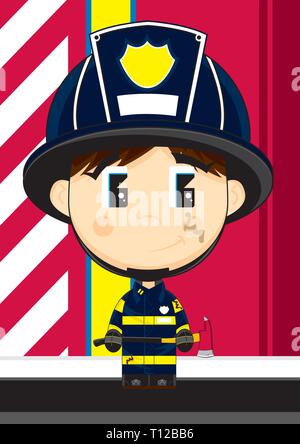 Cute Cartoon Big Head Firefighter with Axe Stock Vector