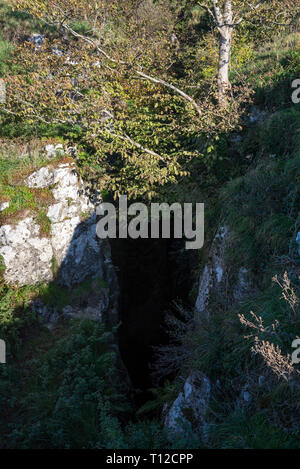 Eldon Hole, a deep chasm in the limestone landscape near Peak Forest in the Peak District, Derbyshire, England. Stock Photo