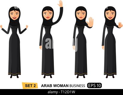 Set of emotions arab business woman waving hand goodbye showing stop gesture with hand serious business-lady white background vector illustration eps  Stock Vector