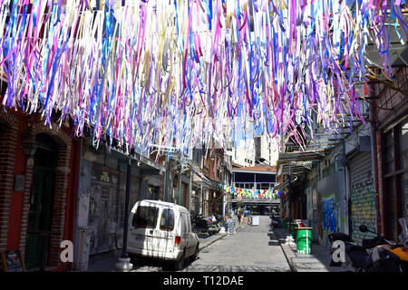 Colourful street decorations in the historic Ladadika district, Thessaloniki, Greece Stock Photo