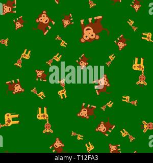 Seamless pattern of giraffe and monkey. Vector illustration in cartoon style on a colored background. Stock Vector