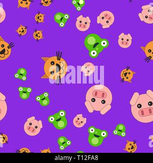 Seamless pattern of pig head cat and frog. Vector illustration in cartoon style on a colored background. Stock Vector