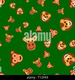 Seamless pattern of the head of a giraffe lion and monkey. Vector illustration in cartoon style on a colored background. Stock Vector