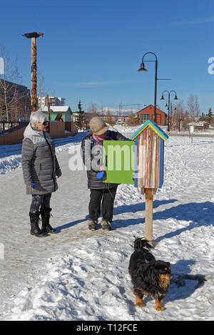 WHITEHORSE, YUKON, CANADA, March 8, 2019 : Smallest library of Yukon. Whitehorse is the capital and only city of Yukon, and the largest city in Northe Stock Photo