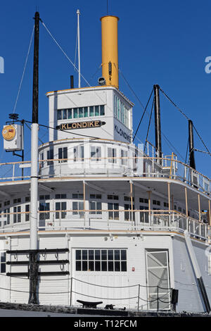 WHITEHORSE, YUKON, CANADA, March 8, 2019 : Famous SS Klondike steamer on the Yukon river banks. Whitehorse is the capital and only city of Yukon, and  Stock Photo