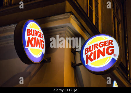 Burger King signs above the entrance of a Burger King restaurant on Fővám Sqr., Budapest, Hungary. Stock Photo