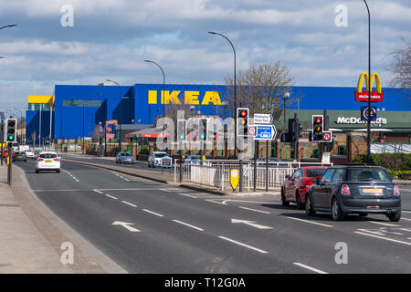 SHEFFIELD, UK - 22ND MARCH 2019: Ikea store in Sheffield - Shot taken from a distance showing the iconic logo along the main road Stock Photo
