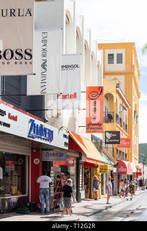 Shops on Front Street, Philipsburg, Sint Maarten, Saint Martin, Lesser Antilles, Caribbean Stock Photo