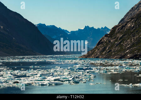 Floating ice on the ocean and island in Prins Christian Sund, Greenland Stock Photo