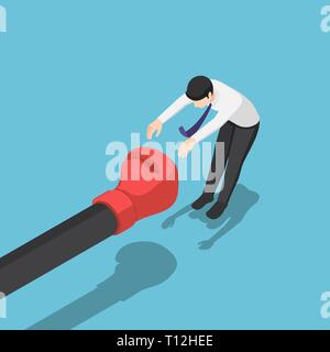 Flat 3d isometric businessman being punched by giant hand with boxing glove. business competition and getting fired from a job concept. Stock Vector