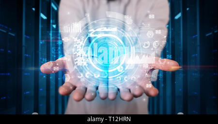 Man holding hologram projection displaying biometric security concept  Stock Photo