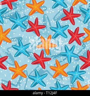 Summer seamless pattern with starfish on blue background, vector illustration Stock Vector