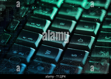Close-up dark keyboard with contacts and online management concept  Stock Photo