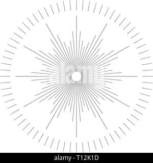 Vintage monochrome sunburst, starburst, bursting rays. Trendy cool design element isolated on white. Stock Vector