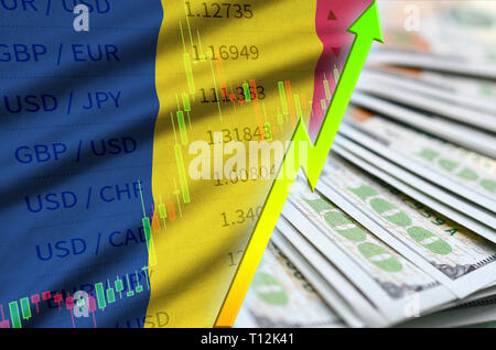 Chad flag and chart growing US dollar position with a fan of dollar ...