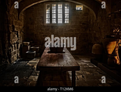 16th Century Utensils. An old Kitchen in black and white from the 16th century. Stock Photo