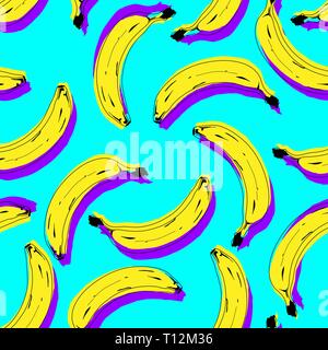 Seamless pop art banana pattern randomly distributed on color background. Stripped or dotted background. Vector Illustration. Stock Vector