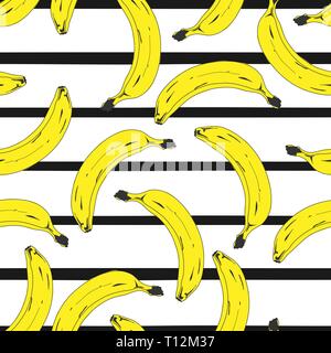 Seamless pop art banana pattern randomly distributed on color background. Stripped or dotted background. Vector Illustration. Stock Vector