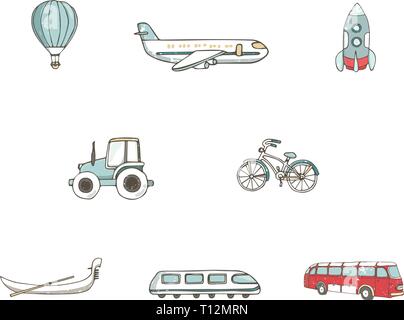 Transport 8 icons. Trasportation Vintage Flat color Concept. Airplane, car, bike. Hand drawn illustration, grunge style texture clip art on white back Stock Vector