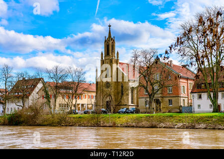 View of the evangelical church at the riverside in Rottenburg am Neckar Stock Photo