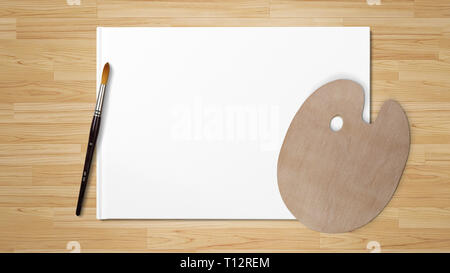 New wooden palette with art brush, isolated on white background and wooden background Stock Photo