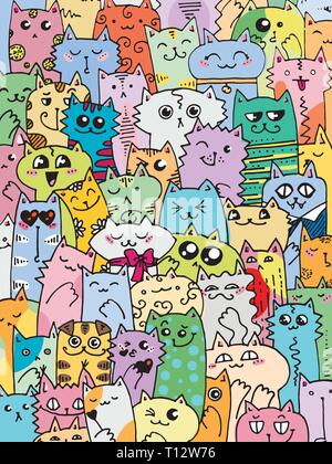 Kawaii doodle cats pattern. Cute animal background. Great for coloring book, wrapping, printing, fabric and textile. Vector illustration Stock Vector