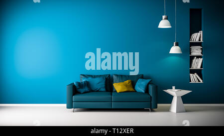 3D rendering of couch or sofa in living room in front of blue wall with copy space and modern or minimalistic interior and white floor Stock Photo