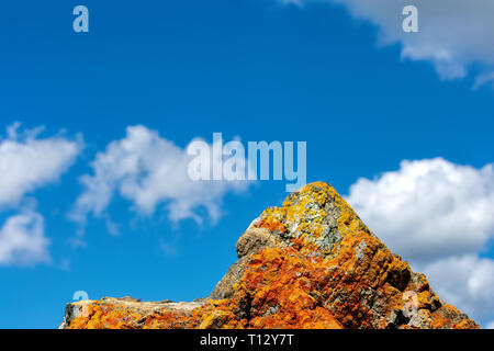 Close up of sharp grey rock covered with bright colored yellow, orange and red crustose lichen. Blue sky and clouds in background Stock Photo