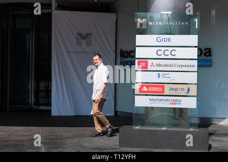 Warsaw, Poland - August 23, 2018: Metropolitan modern business center exterior with sign for companies such as Gide, CCC and Mitsubishi corporation Stock Photo