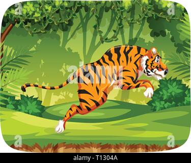 A tiger jumping in forest illustration Stock Vector