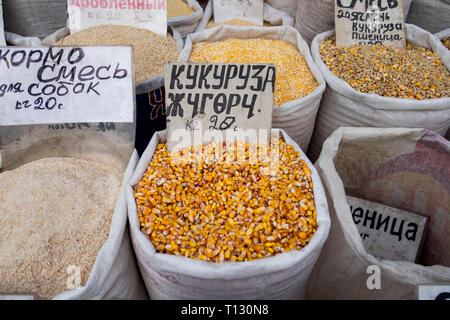 Grains, corn for sale at Osh Market in Bishkek, Kyrgyzstan. Stock Photo