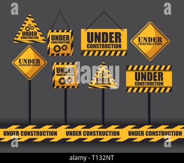under construction label with set of signals vector illustration design ...