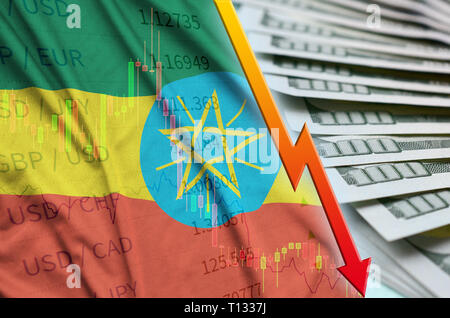 Ethiopia flag and chart falling US dollar position with a fan of dollar bills. Concept of depreciation value of US dollar currency Stock Photo