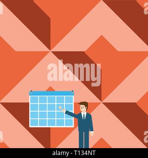 Businessman Smiling and Pointing to Colorful Calendar with Star Hang on Wall Design business concept Empty copy text for Web banners promotional mater Stock Vector