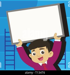 Young Smiling Student Raising Upward Blank Framed Whiteboard Above his Head Design business concept Empty copy text for Web banners promotional materi Stock Vector