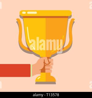 Hand Holding Blank Golden Championship Winners Cup Trophy with Reflection Design business concept Empty copy text for Web banners promotional material Stock Vector