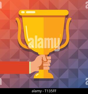 Hand Holding Blank Golden Championship Winners Cup Trophy with Reflection Design business concept Empty template copy space text for Ad website isolat Stock Vector