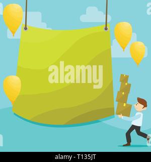 Man Carrying Pile of Boxes with Blank Tarpaulin in the Center and Balloons Design business concept Empty copy space modern abstract background Stock Vector