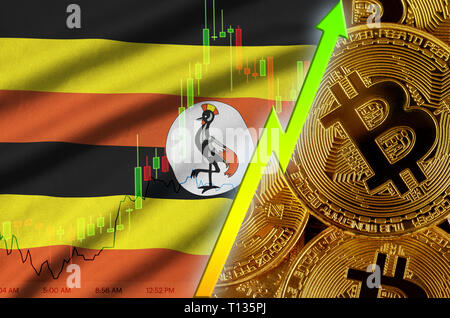 Uganda flag and cryptocurrency growing trend with two bitcoins on dollar  bills. Concept of raising Bitcoin in price against the dollar Stock Photo -  Alamy