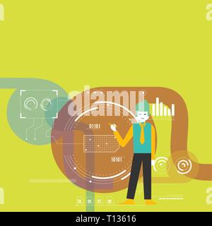 Man Standing Holding Pen Pointing to Chart Diagram with SEO Process Icons Design business concept Empty copy text for Web banners promotional material Stock Vector