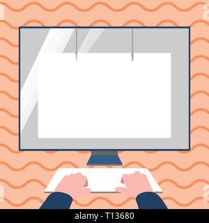 Hands on Mockup Keyboard Front of Blank White Monitor with Screen Protector Copy Space design Empty template text for Ad, promotion, poster, flyer, we Stock Vector