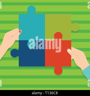 Four Blank Multi Color Jigsaw Puzzle Tile Pieces Put Together by Human Hands Design business concept Empty copy text for Web banners promotional mater Stock Vector